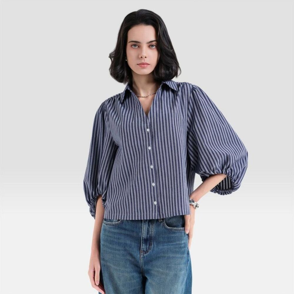 Women's Lantern Puff Elbow Sleeve Collared Neck Blouse - Navy Blue Striped S